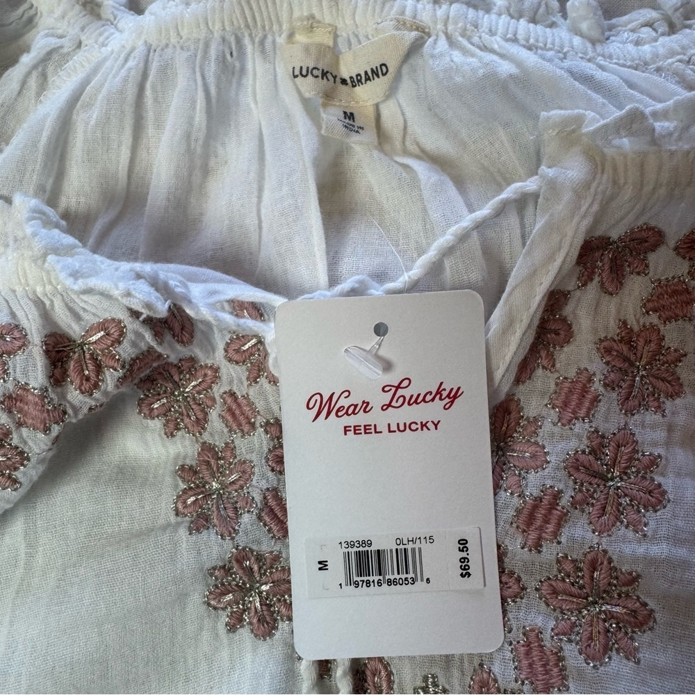 NWT Lucky Brand White Gauze Boho Medium Blouse with Pink Embroidery - Picture 7 of 8
